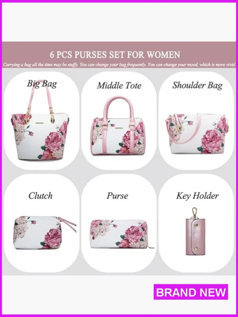 6 Pc Faux Leather Purses Set Satchel Tote Shoulder Bag Crossbody Clutch